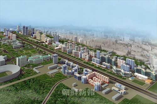 建設中のニュータウン「黎明通り」の鳥瞰図（朝鮮中央通信）