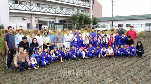 9月28日、長野初中に隣接する学習田で稲刈りが行われた。