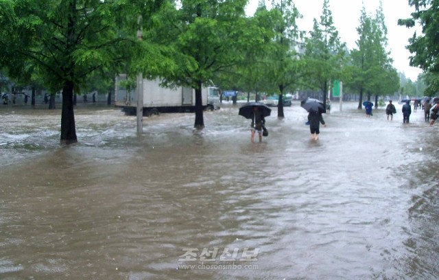 조선의 중부지방들에 폭우를 동반한 무더기비가 계속 내리고있다. 사진은 원산시에 피해상태(조선중앙통신) 