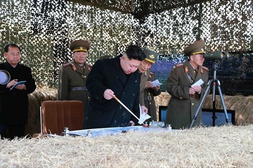 김정은원수님께서 조선인민군 항공 및 반항공군의 비행장타격 및 복구훈련을 보시였다.(조선중앙통신)